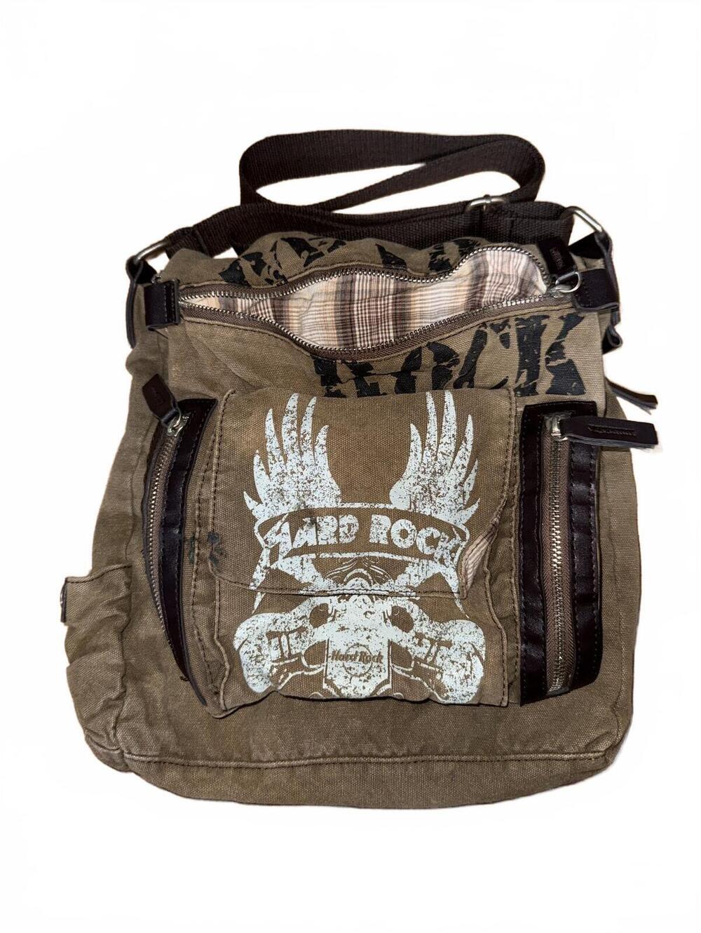 Vintage Y2K Hard Rock Cafe Military-Style Canvas Crossbody Bag